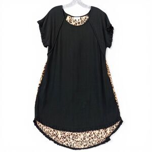 Umgee Leopard Print Linen Blend Tunic Dress Sz S Contrast Ruffle Trim Boho Chic
